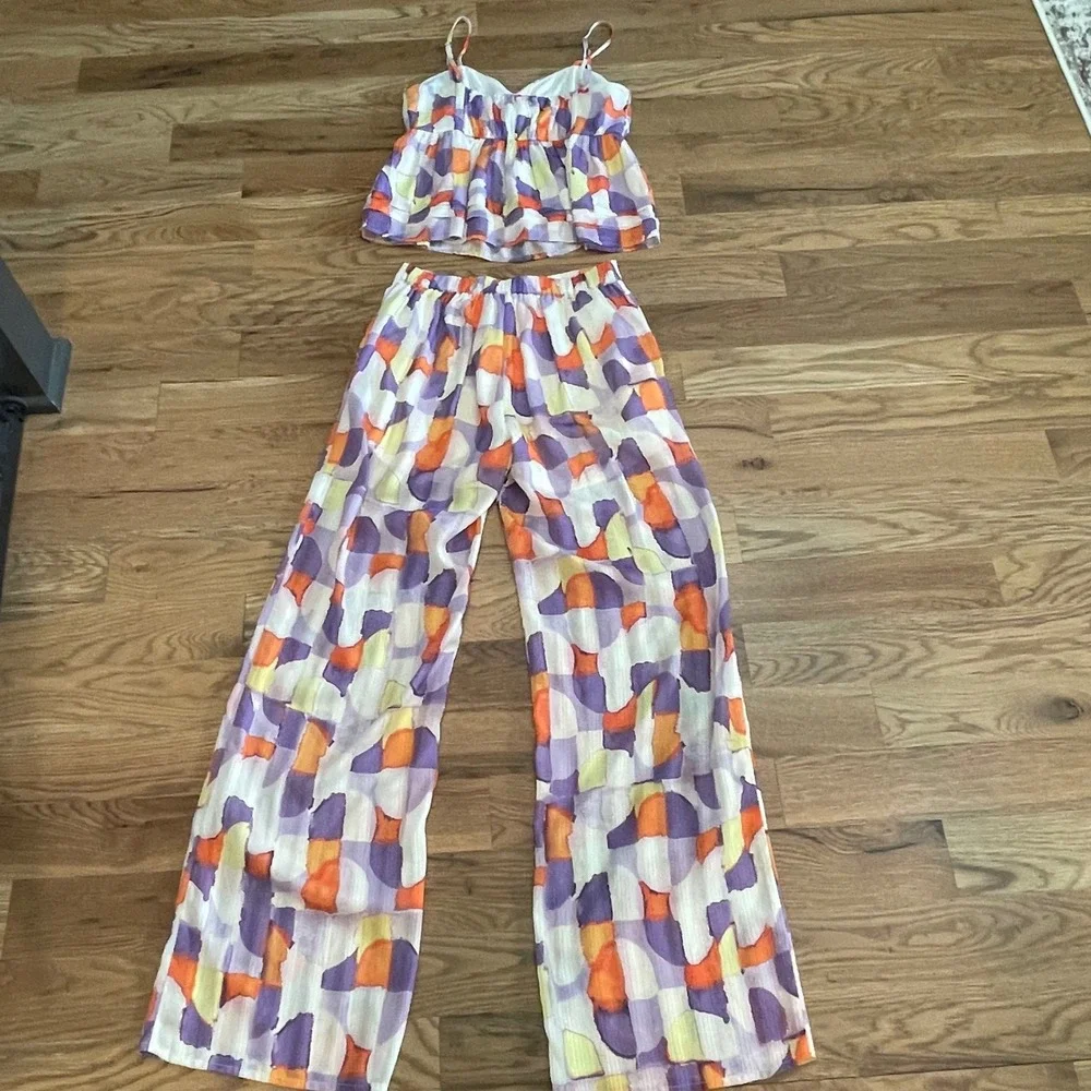g.p.d. Women Abstract Geometric Print 2 Piece Set Crop Top Wide Leg Pants XS - Picture 2 of 9